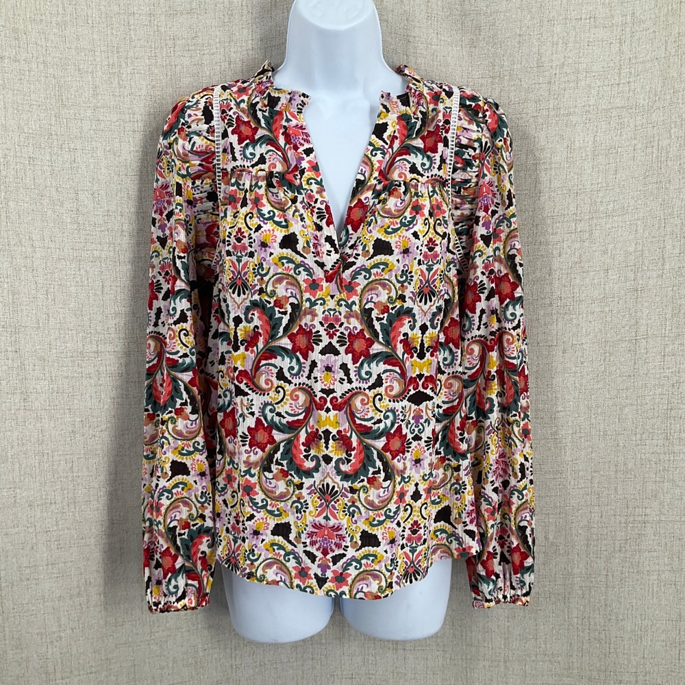 Loft Floral Paisley V-Neck Long Sleeve Blouse - Small Red Multi